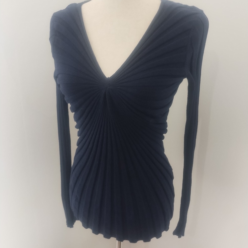 Sandro Justine Sweater Size 3 (Large) Navy Blue Sunburst Pleat Chic Parisian - Picture 1 of 9